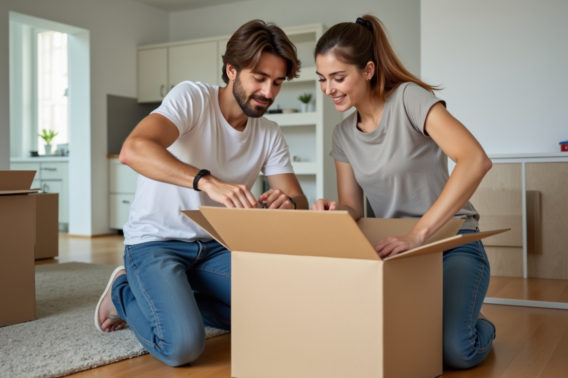 Jeune couple emballant des cartons dans un salon lumineux