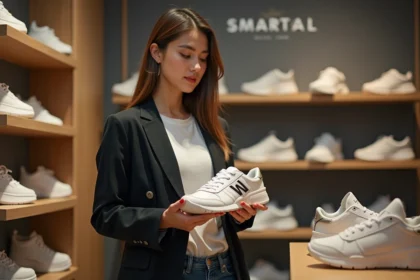 Jeune femme étudie des sneakers avec logo Wsh dans une boutique