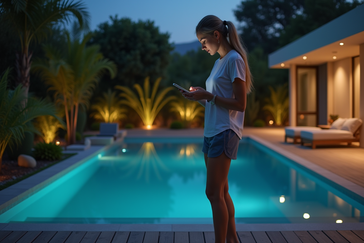 Jeune femme contrôlant la filtration de la piscine la nuit
