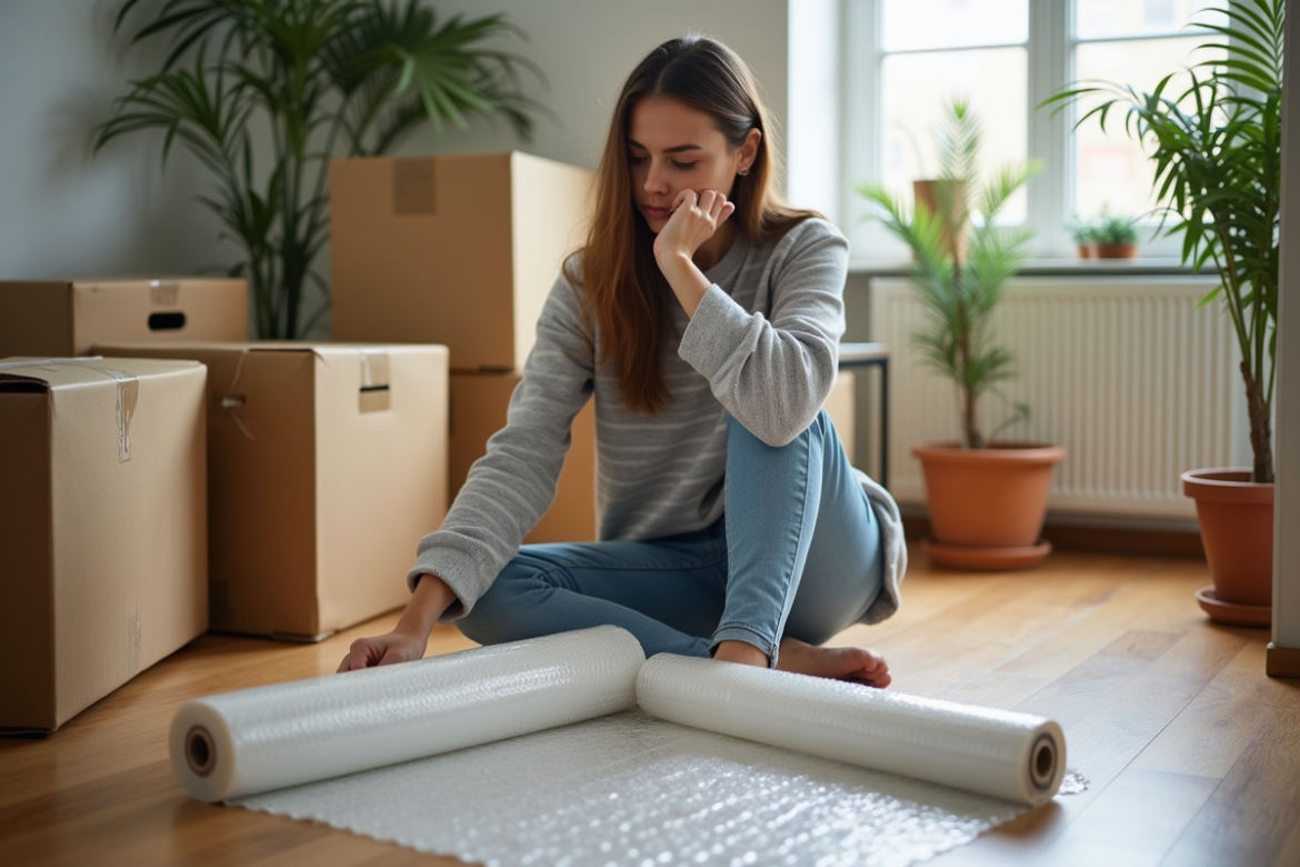 Jeune femme mesurant du papier bulle dans un appartement moderne