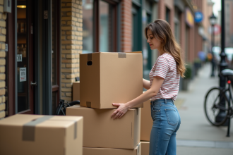 Jeune femme empilant des cartons devant un magasin urbain