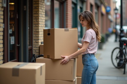 Jeune femme empilant des cartons devant un magasin urbain
