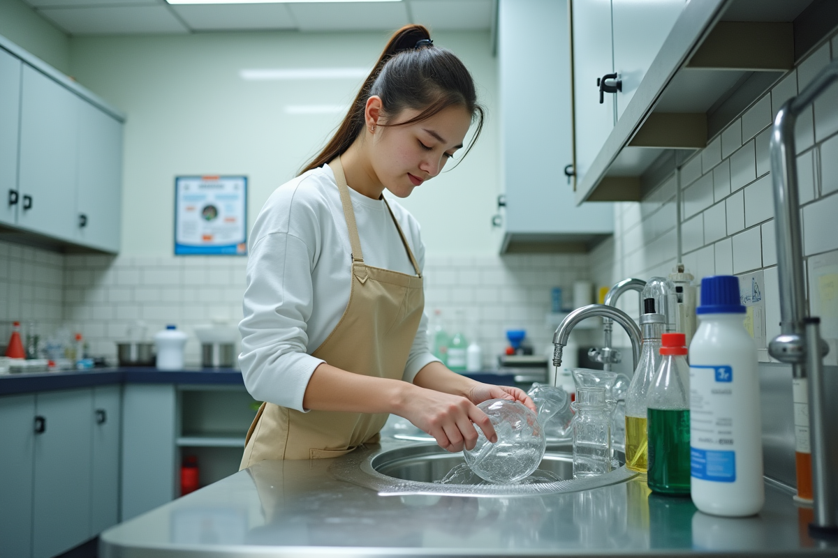 Jeune femme lavant des verres en laboratoire dans une pièce lumineuse