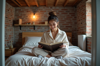 Jeune femme lisant dans sa chambre moderne et cosy