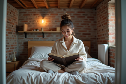 Jeune femme lisant dans sa chambre moderne et cosy