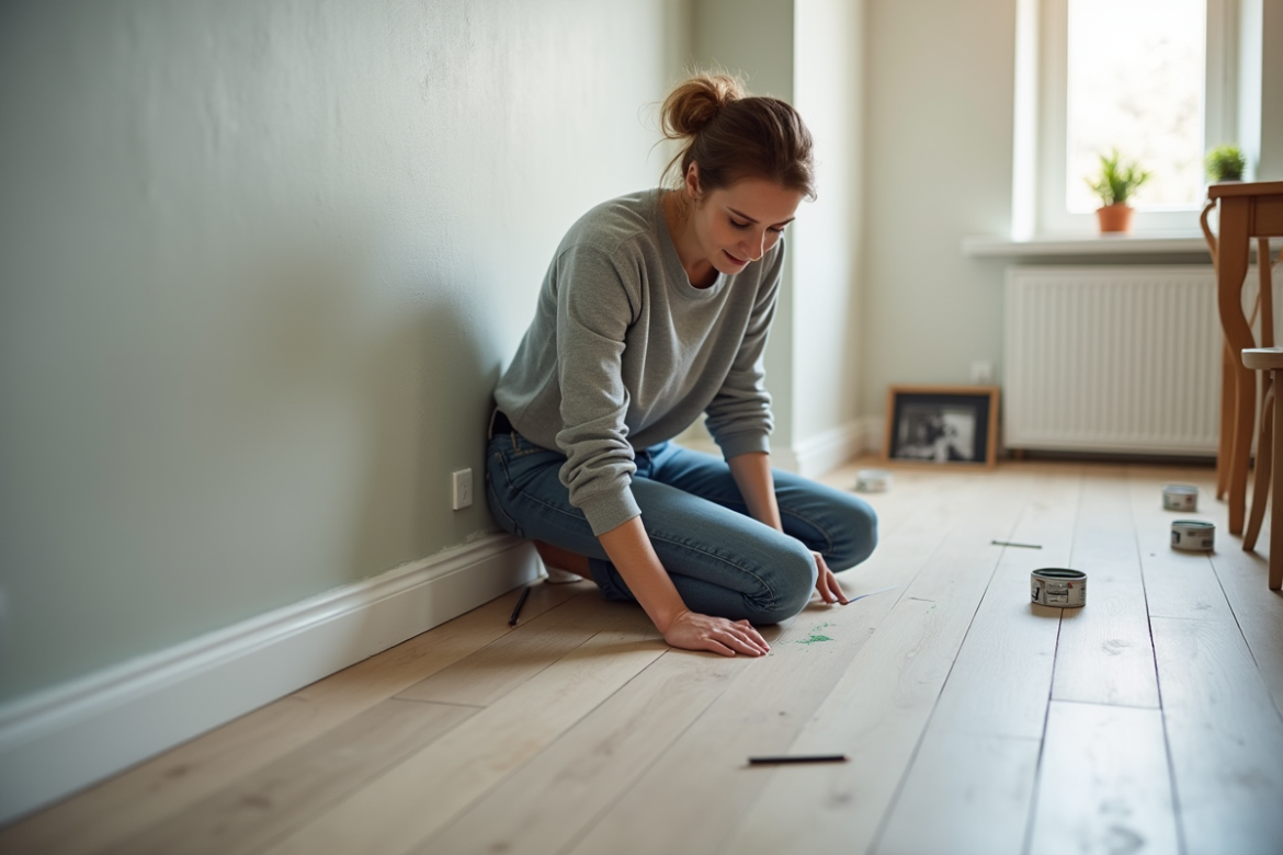 Femme en jeans et pull gris peignant un mur intérieur