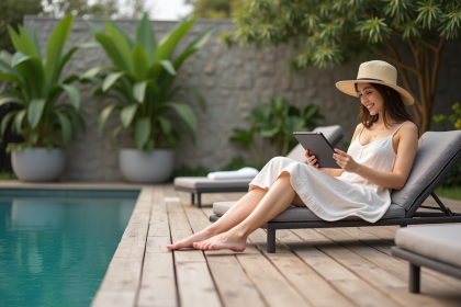 Jeune femme en robe en lin et chapeau de paille au bord de la piscine