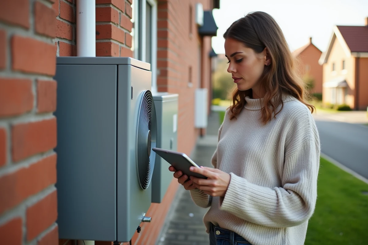 Jeune femme vérifie une pompe à chaleur extérieure avec une tablette
