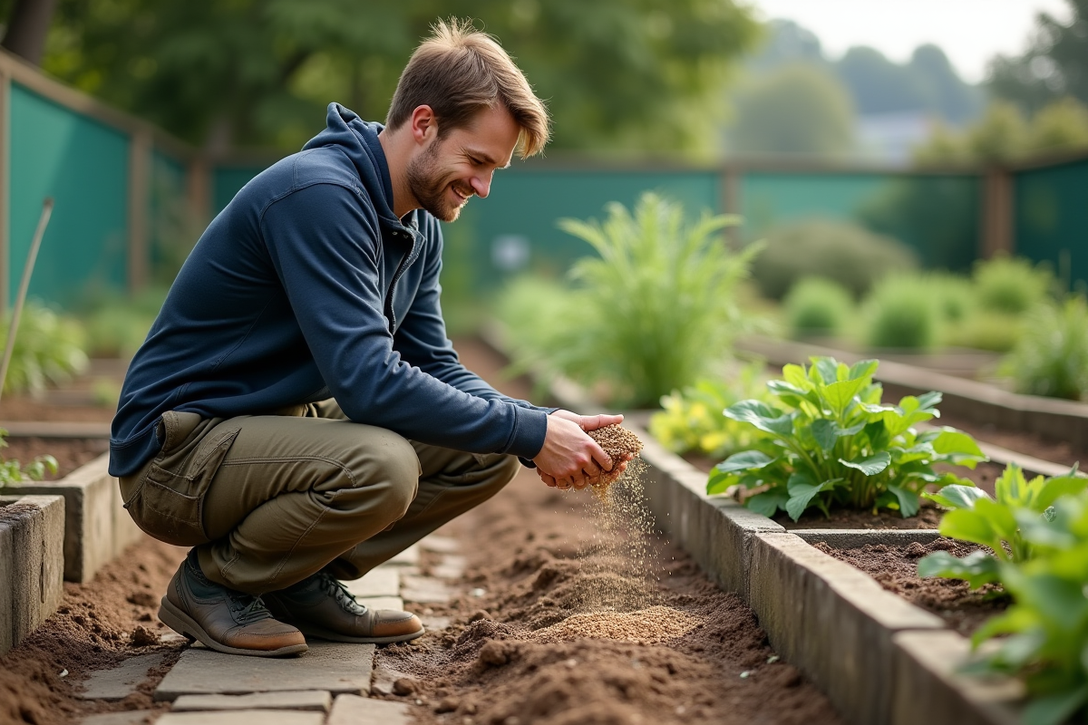 Jeune homme en vêtements de travail saupoudrant du granulat de sol