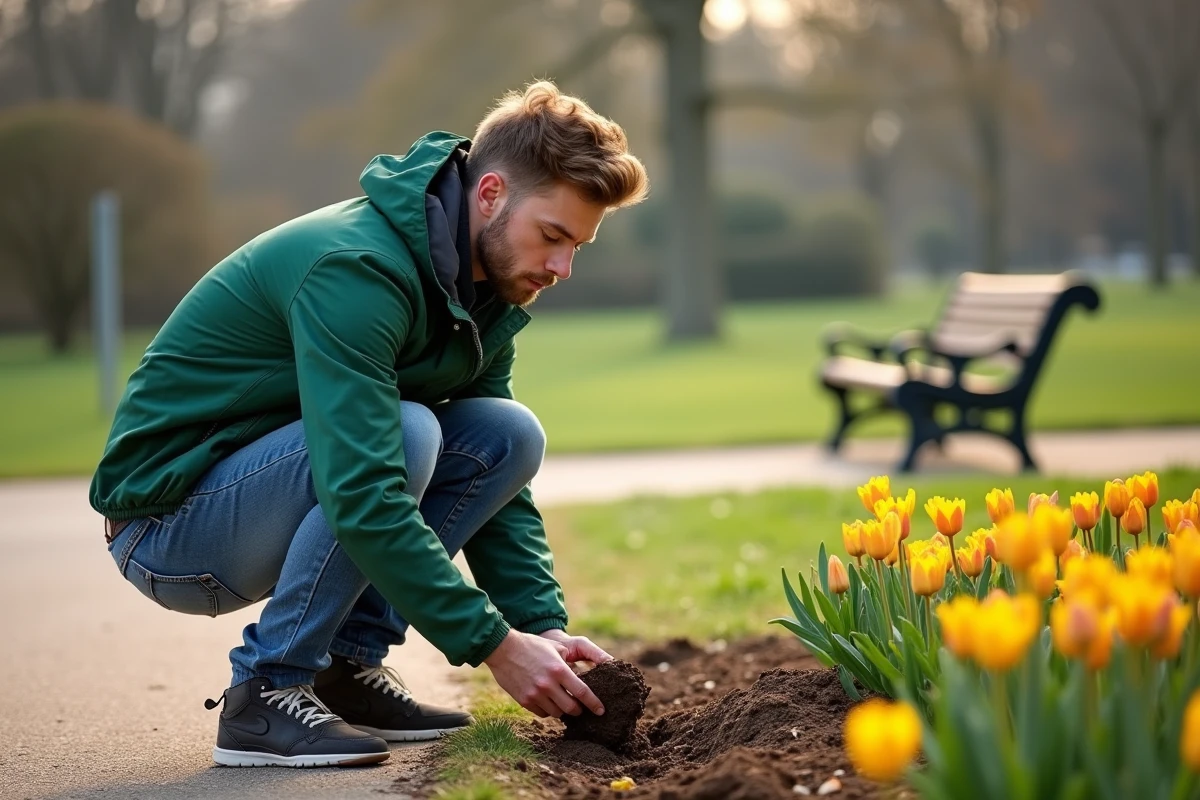 Jeune homme plantant des bulbes dans un parc ensoleille