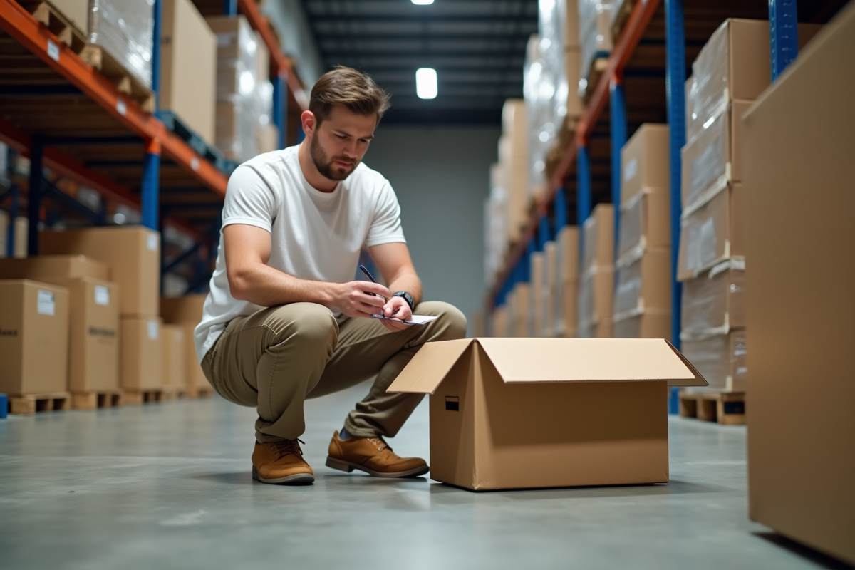 Jeune homme notant des mesures dans un entrepôt animé