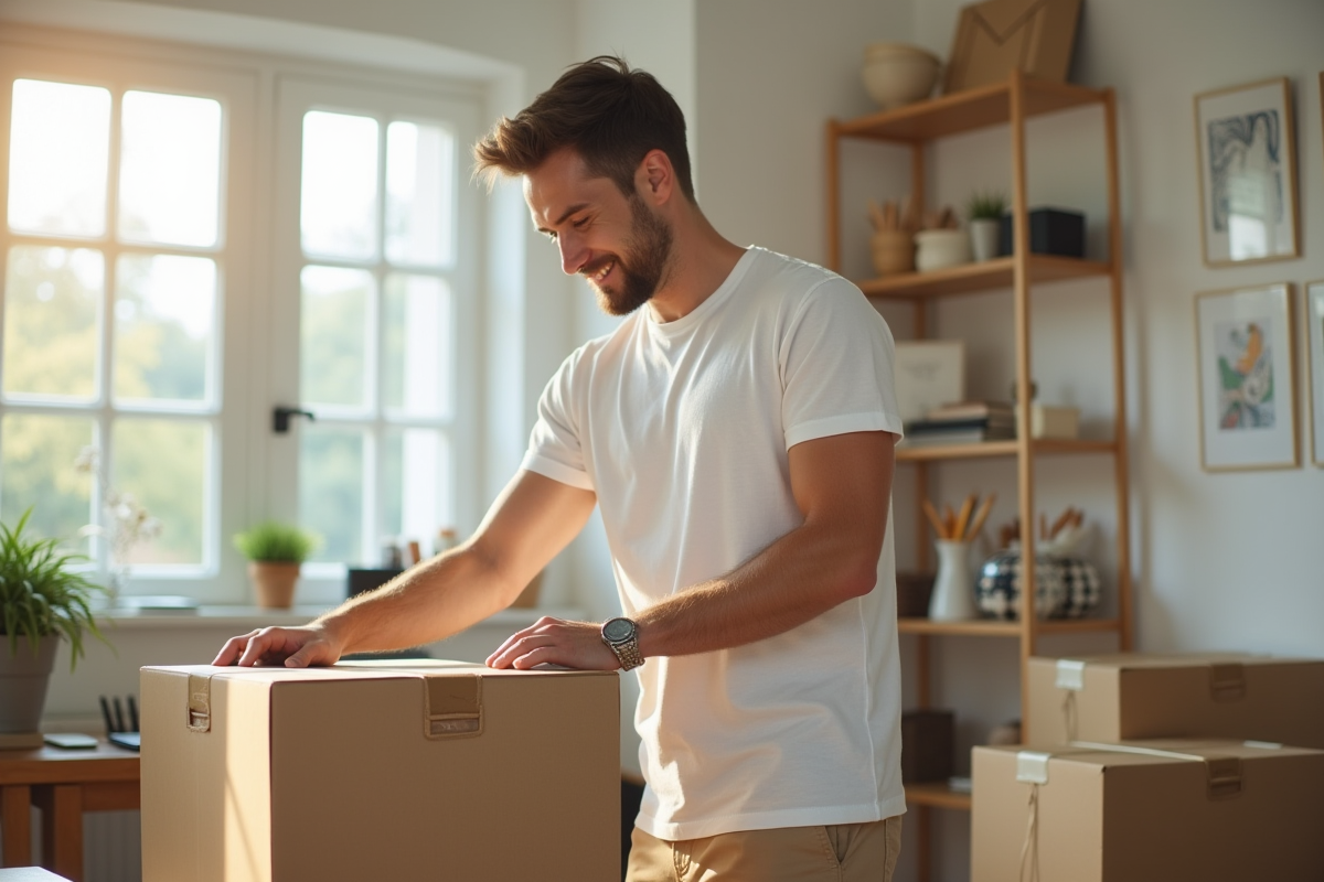 Jeune homme triant des boîtes de rangement dans un bureau lumineux