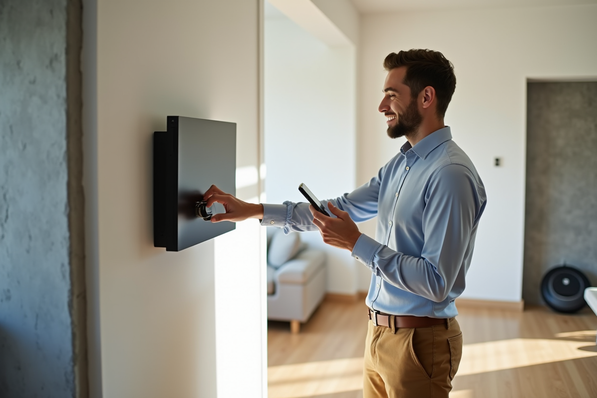 Jeune homme manipulant un panneau de contrôle connecté dans le salon