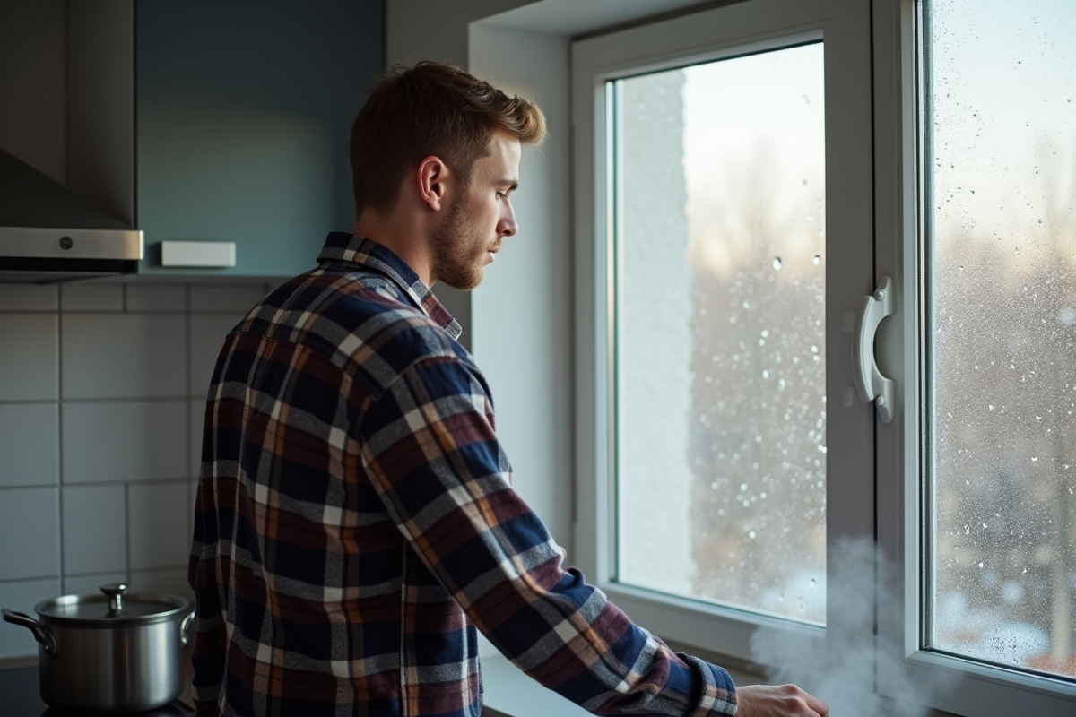 Jeune homme ouvre une fenêtre dans une cuisine moderne hiver