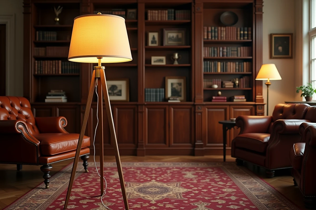 Lampadaire halogène vintage à trépied laiton et abat-jour tissu dans un salon classique avec fauteuil en cuir et tapis persan