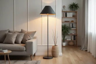 Lampadaire LED moderne à pied en métal noir dans un salon scandinave avec canapé gris et parquet en chêne