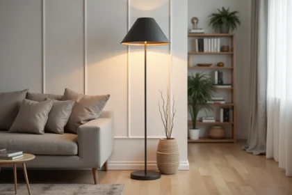 Lampadaire LED moderne à pied en métal noir dans un salon scandinave avec canapé gris et parquet en chêne