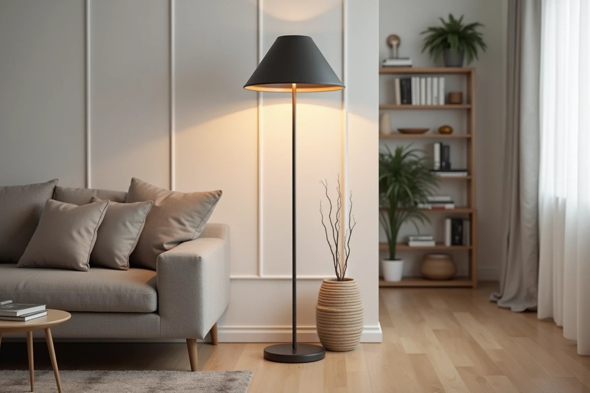 Lampadaire LED moderne à pied en métal noir dans un salon scandinave avec canapé gris et parquet en chêne