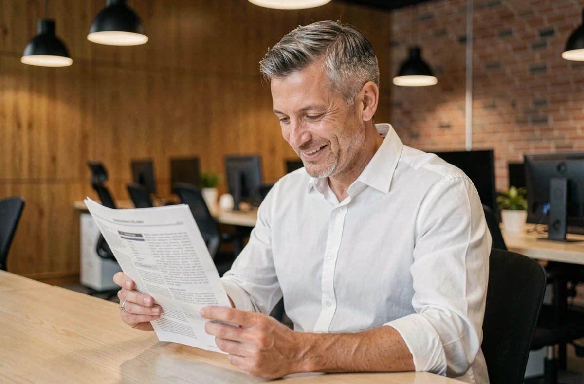 Employé lisant une newsletter interne dans un espace de travail collaboratif chaleureux au sein d'un siège social