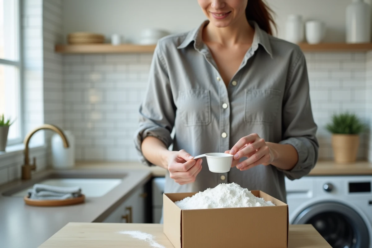 Femme versant de la lessive en poudre sans odeur dans une buanderie moderne et épurée