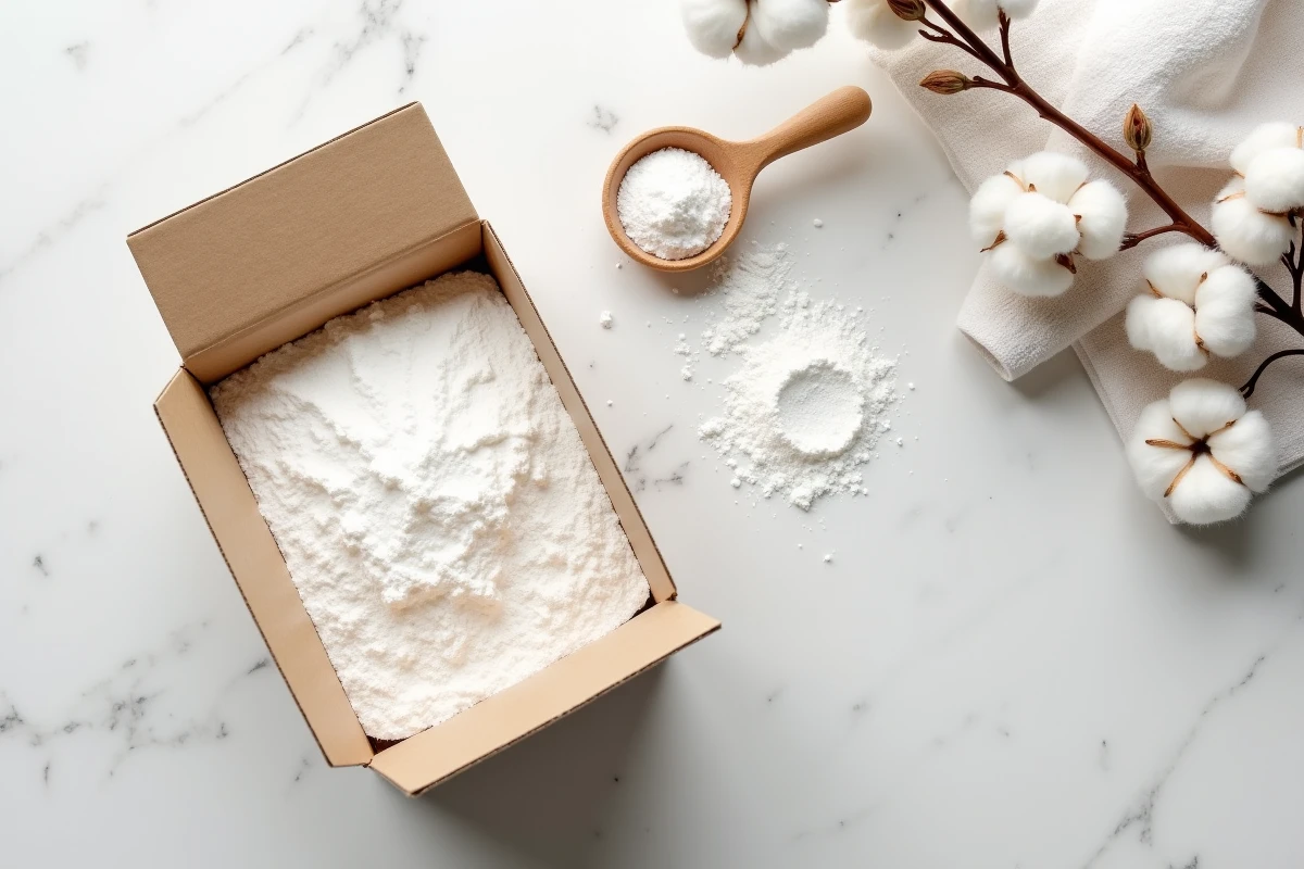 Vue de dessus d'une boîte de lessive en poudre sans parfum avec accessoires naturels sur marbre blanc