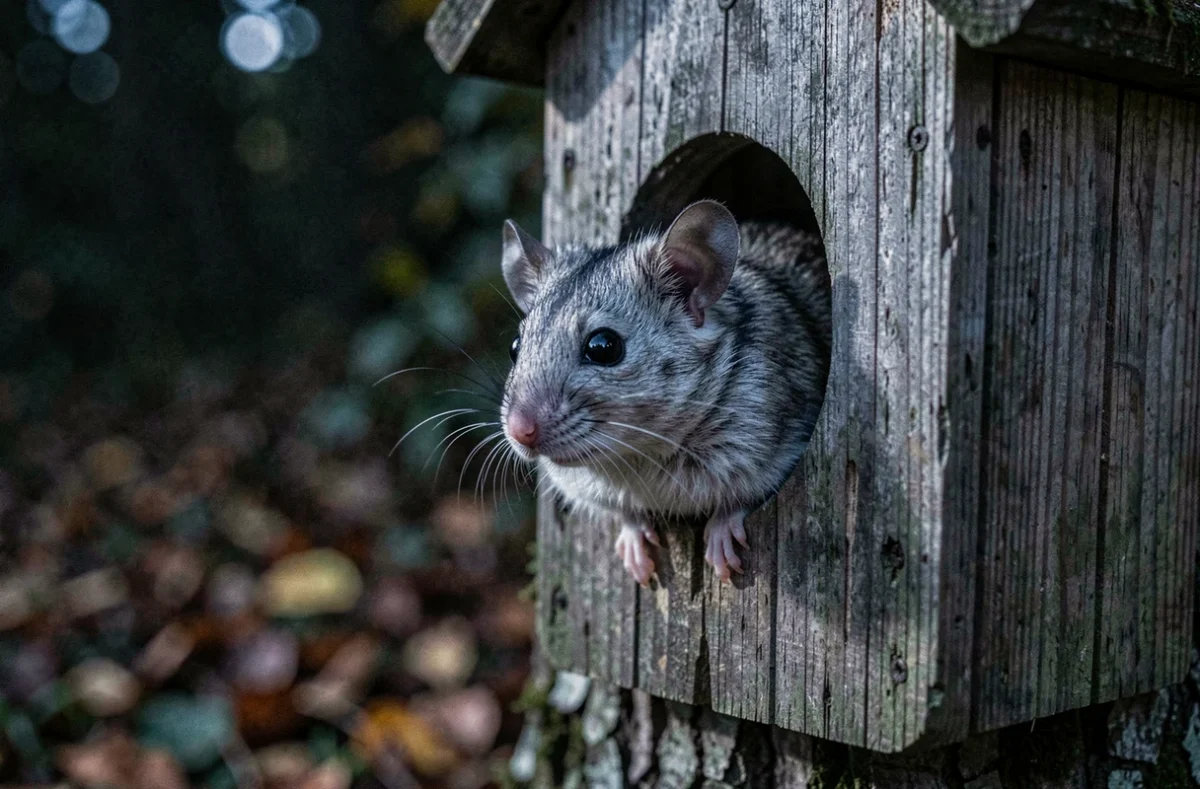 Loir gris sortant d'un nichoir en bois accroché à un chêne pendant la nuit