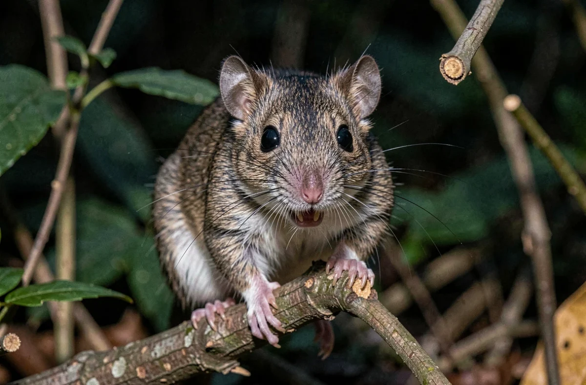 Loir commun en train de vocaliser sur une branche de noisette la nuit dans une forêt dense