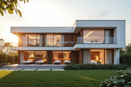 Maison individuelle en L avec quatre chambres et grande suite parentale, façade moderne avec bardage bois et baies vitrées offrant un ensoleillement maximal