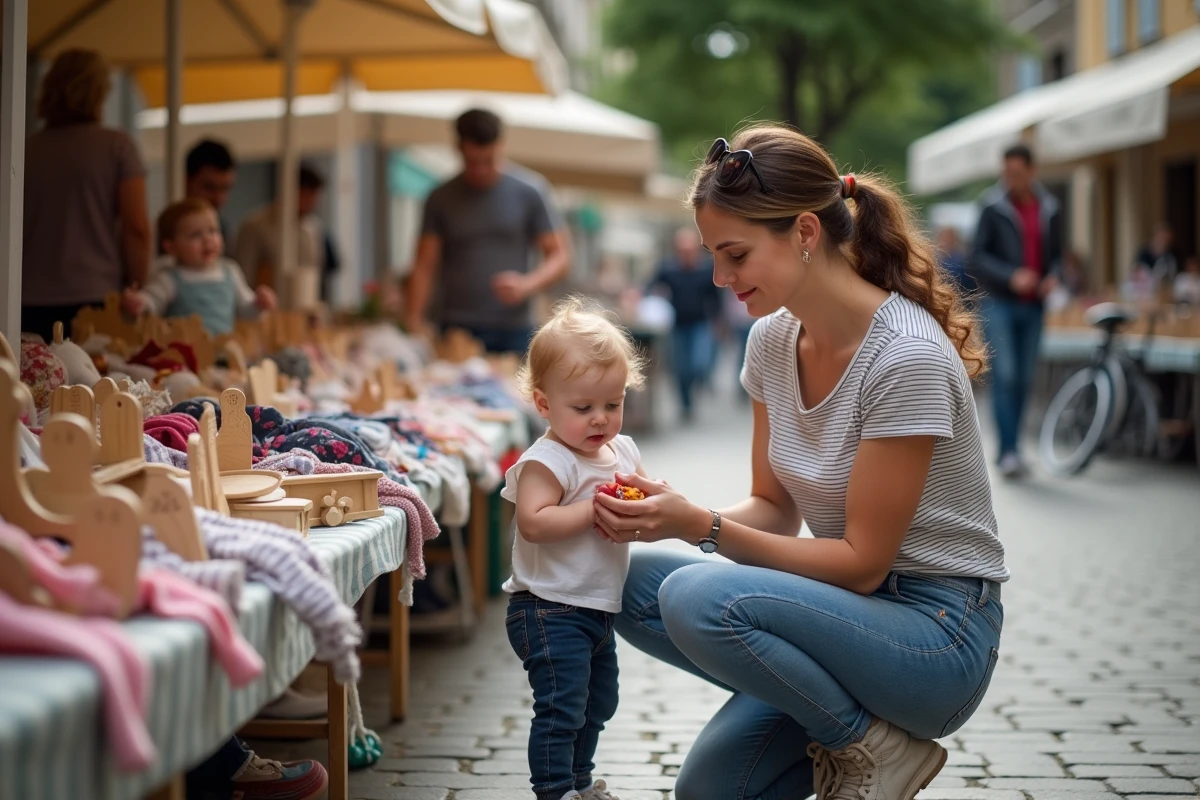 Maman et enfant au vide grenier à Montpellier avec jouets et vêtements
