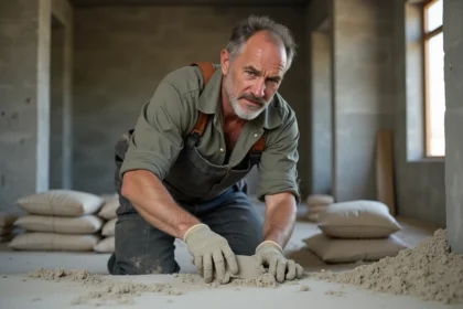 Maçon en action mesurant le mélange de ciment et sable