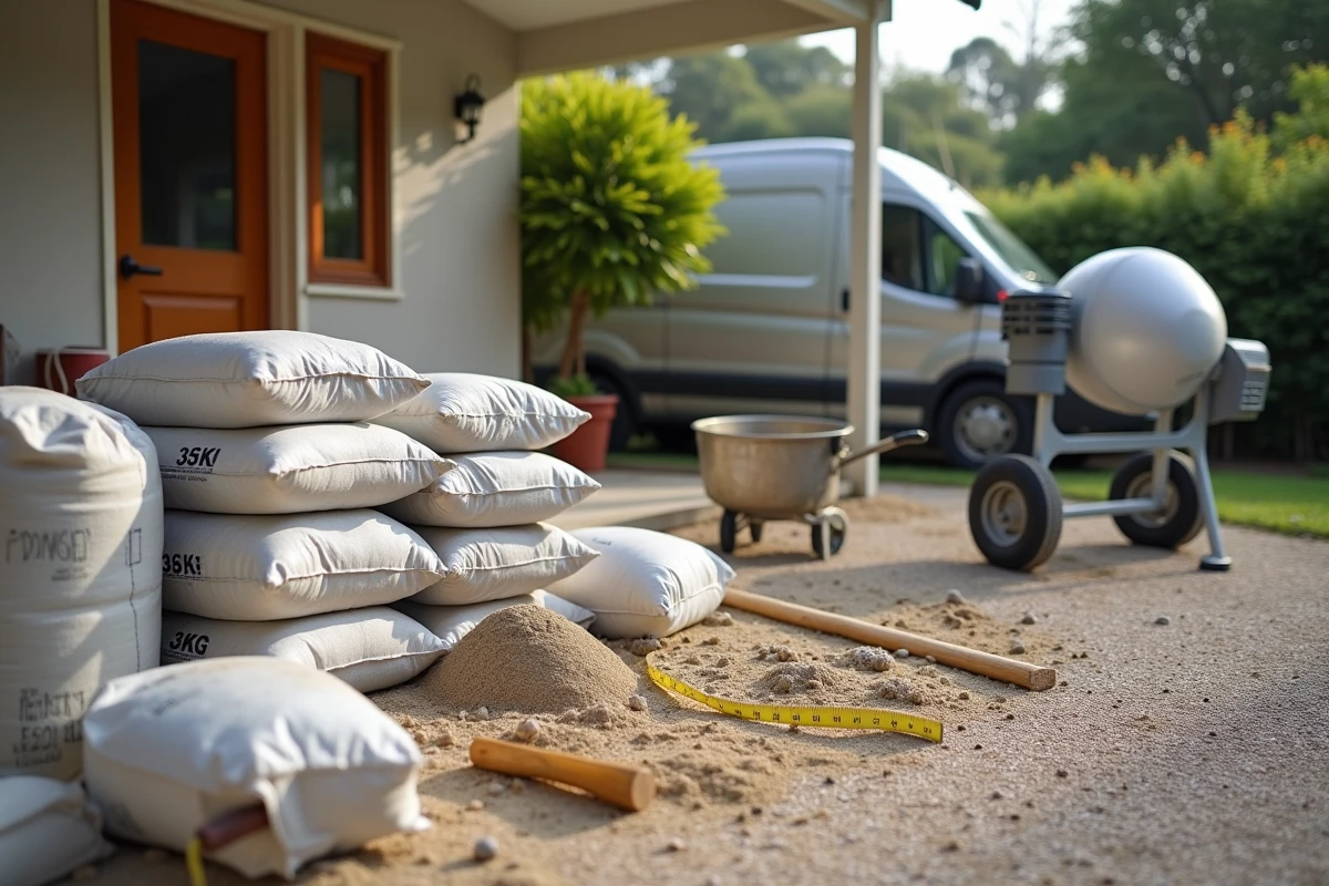 Matériaux pour dalle béton DIY : sacs de ciment, sable, gravier et bétonnière de location disposés sur une allée