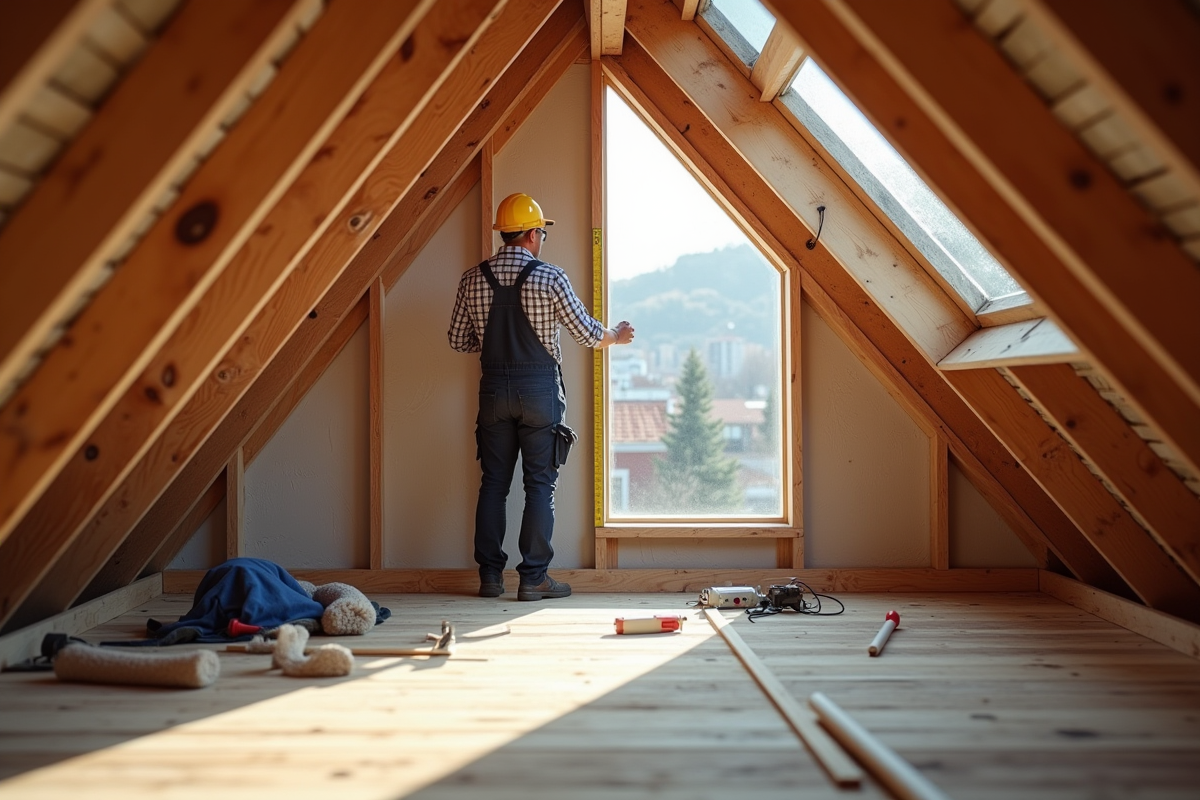 Professionnel mesurant un mur dans un grenier en construction