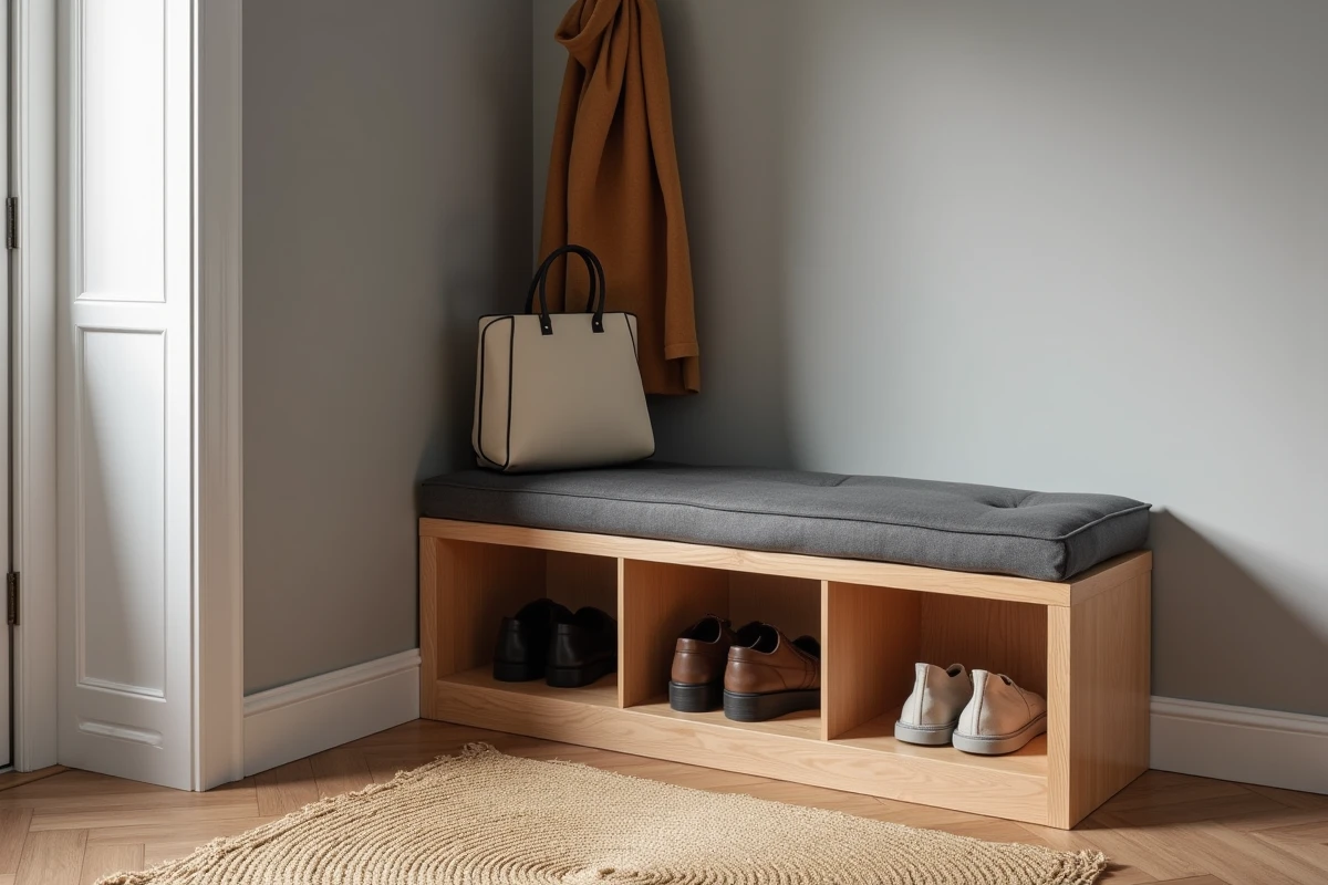 Meuble chaussure nano en bouleau naturel avec assise intégrée dans un coin d'entrée scandinave minimaliste avec tapis jute