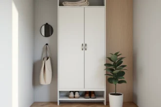Meuble à chaussure nano discret monté au mur dans une mini entrée d'appartement en blanc mat avec sol en parquet clair
