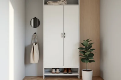 Meuble à chaussure nano discret monté au mur dans une mini entrée d'appartement en blanc mat avec sol en parquet clair