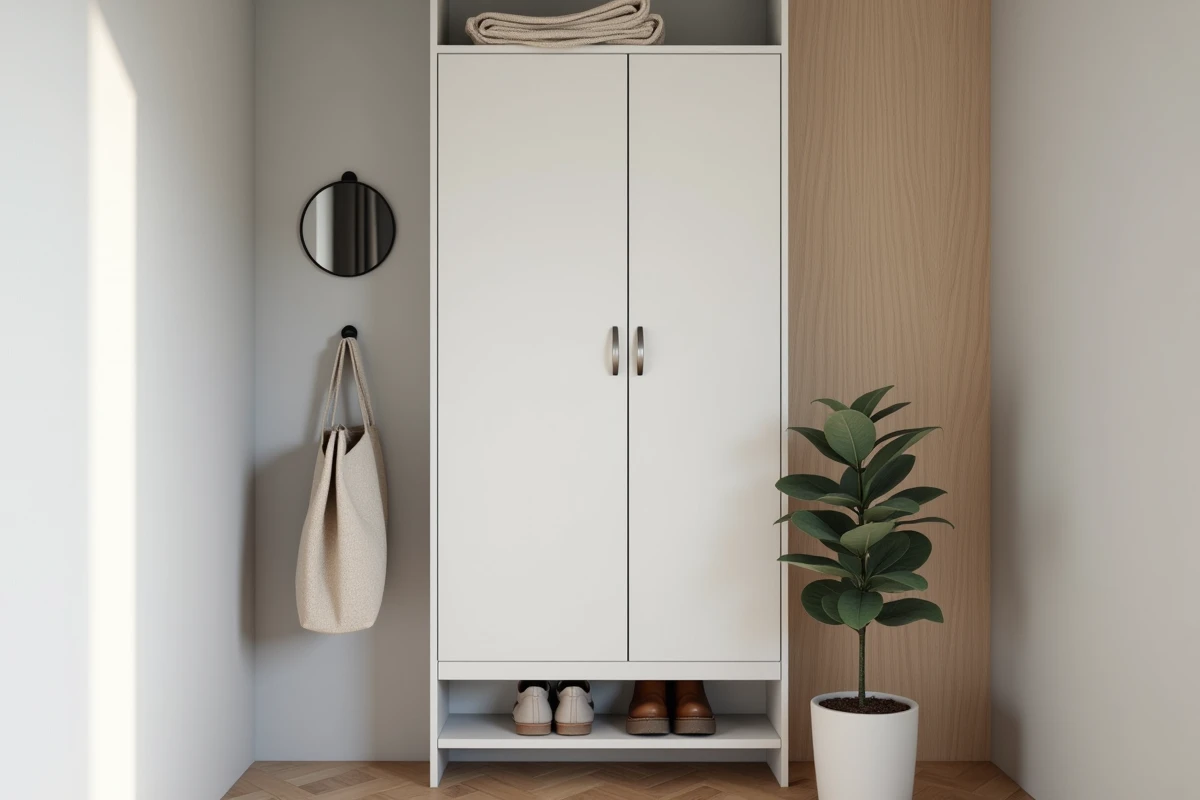 Meuble à chaussure nano discret monté au mur dans une mini entrée d'appartement en blanc mat avec sol en parquet clair