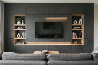 Meuble TV en placo intégré avec niches décoratives et bandeau LED dans un salon moderne au mur gris anthracite