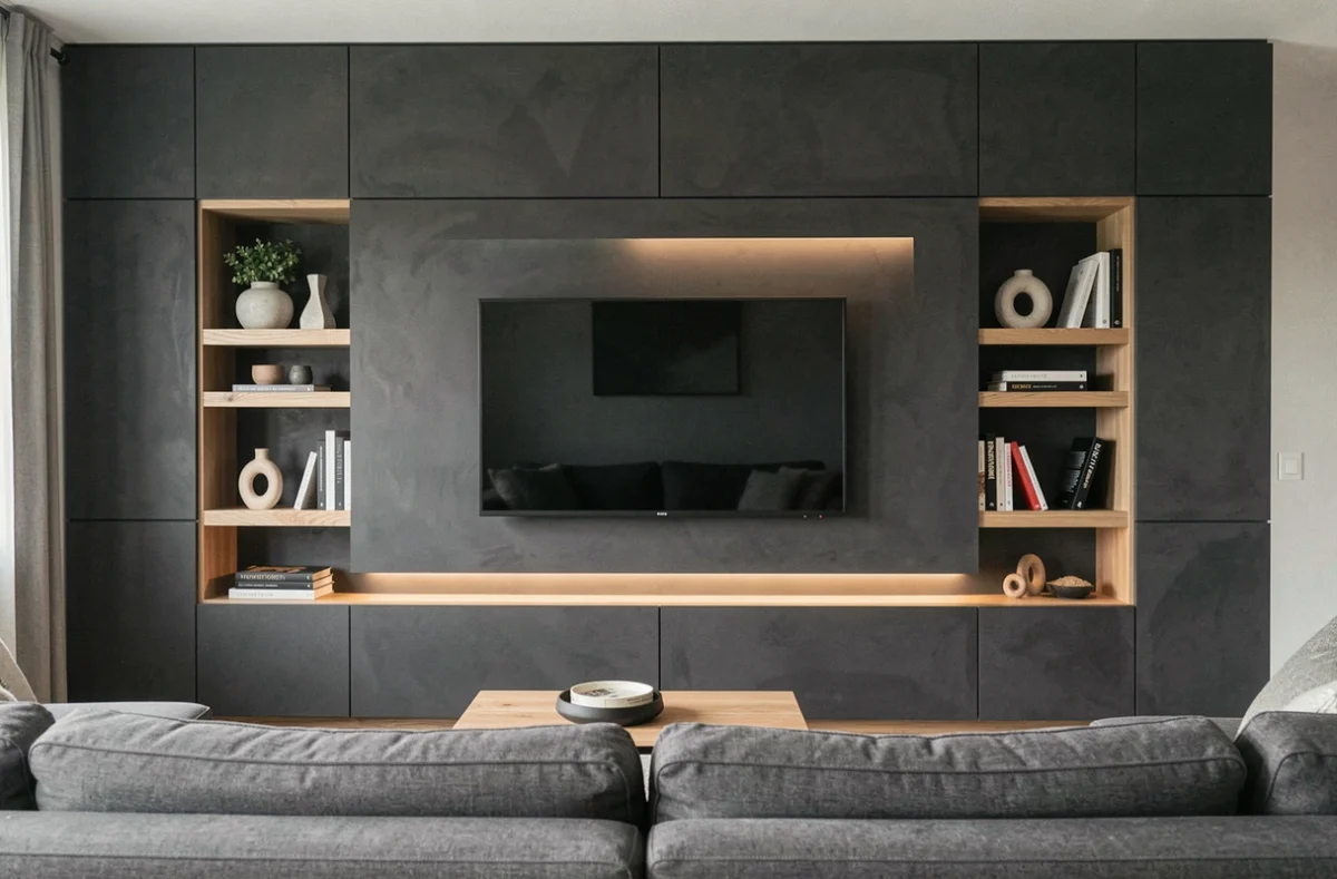 Meuble TV en placo intégré avec niches décoratives et bandeau LED dans un salon moderne au mur gris anthracite