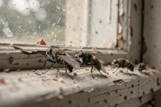 Gros plan sur des mouches domestiques posées sur un vieux cadre de fenêtre en bois fissuré dans une ferme