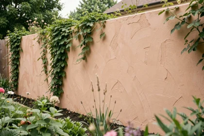 Mur de jardin enduit de Terrasto en ton terre cuite avec végétation grimpante dans un jardin résidentiel