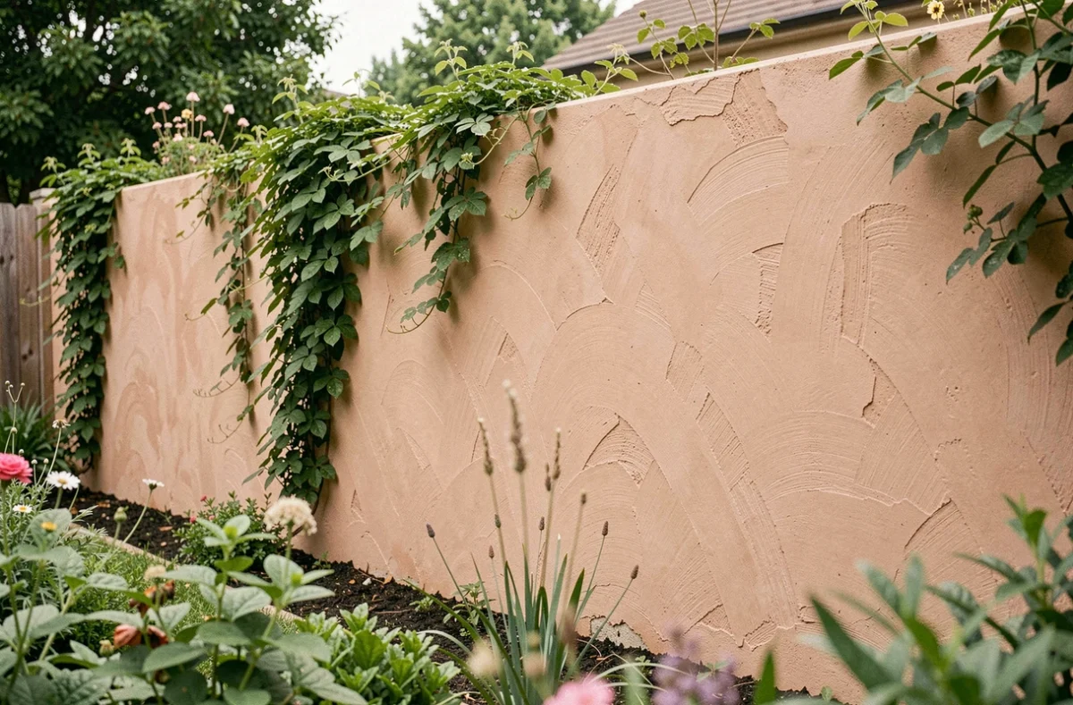 Mur de jardin enduit de Terrasto en ton terre cuite avec végétation grimpante dans un jardin résidentiel