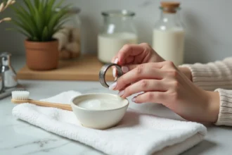Mains de femme nettoyant une bague en argent ternie au-dessus d'un bol d'eau savonneuse sur un plan en marbre
