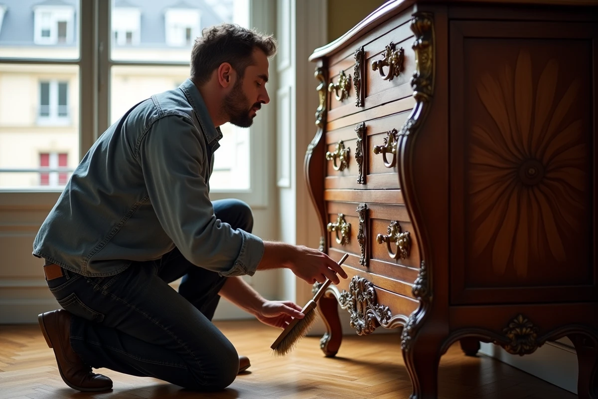 Homme nettoyant les détails sculptés d'une commode Louis XVI avec une brosse dans un appartement parisien haussmannien