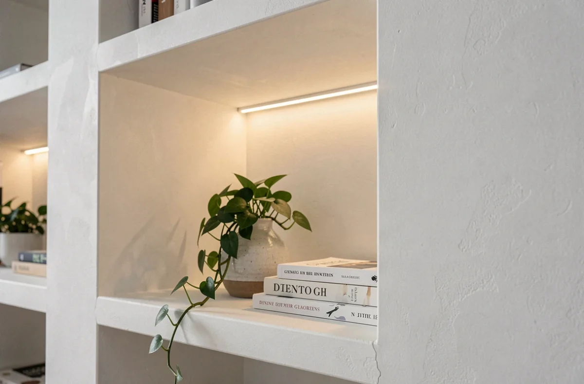 Gros plan sur une niche éclairée en placo avec décoration intérieure et bandeau LED intégré dans un meuble TV sur mesure