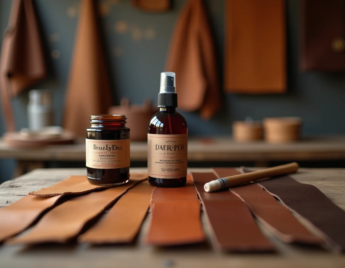 Outils de teinture cuir disposés sur une table en bois avec échantillons de couleurs et fixateur en flacon spray