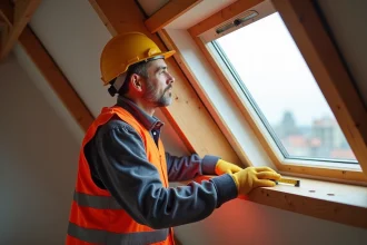Ouvrier de chantier dans un grenier moderne avec fenêtre de toit