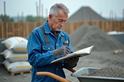Ouvrier en overalls bleus vérifiant un carnet sur un chantier