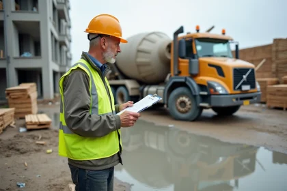 Ouvrier de construction inspectant un betonneuse en chantier