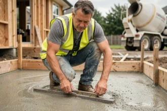Ouvrier spécialisé en train de lisser une dalle béton fraîchement coulée sur un chantier résidentiel, symbolisant le coût de la main d'œuvre