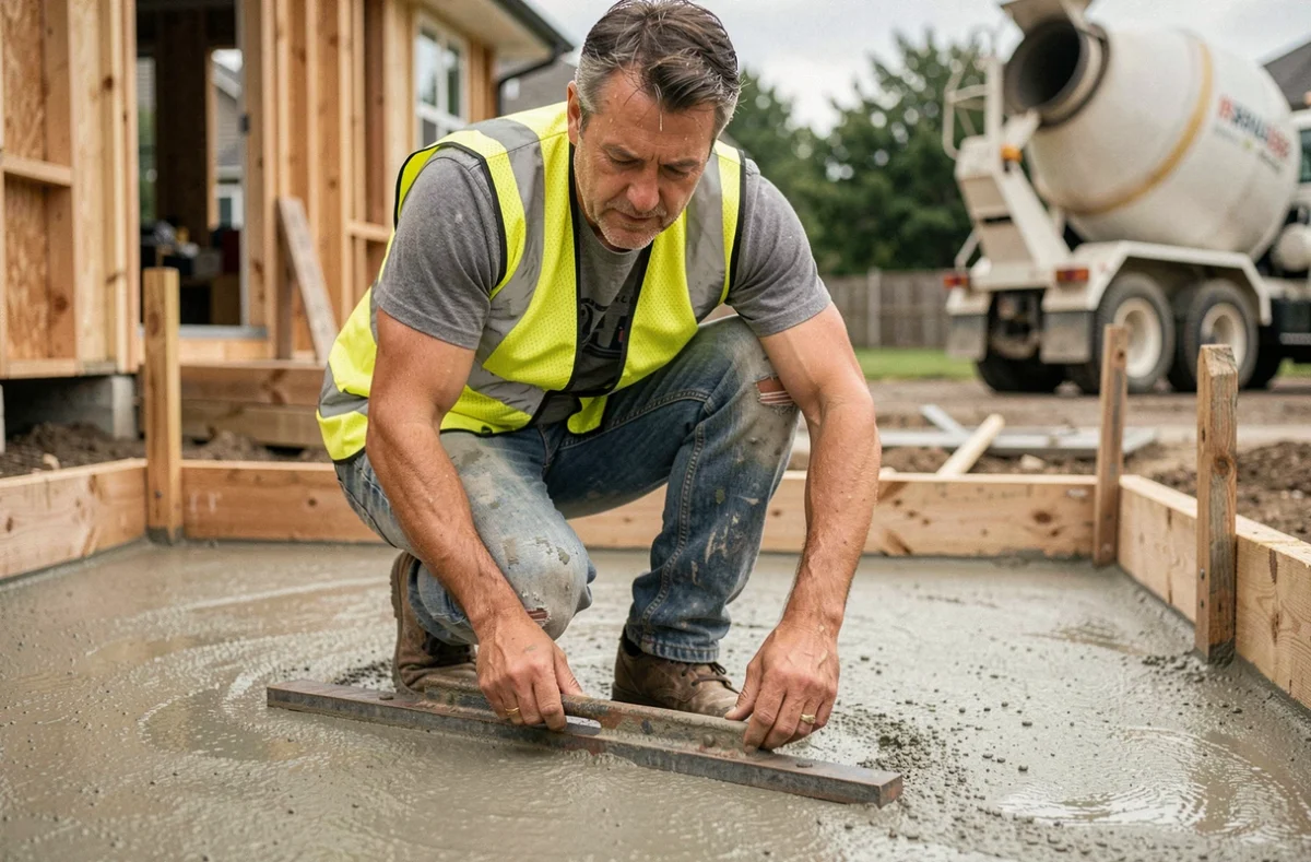 Ouvrier spécialisé en train de lisser une dalle béton fraîchement coulée sur un chantier résidentiel, symbolisant le coût de la main d'œuvre